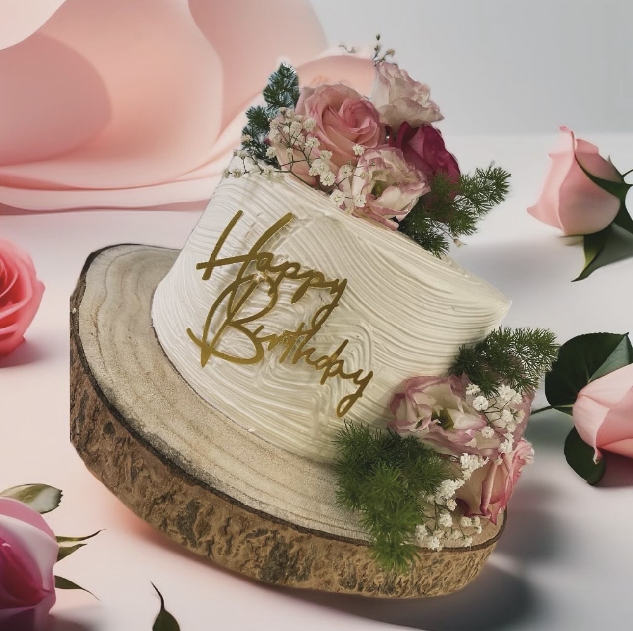 Bolo de aniversário branco decorado com rosas cor-de-rosa
